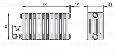 Схема (чертеж) Радиатор Zehnder Charleston 5030/11 №V003 Белый глянцевый RAL 9016